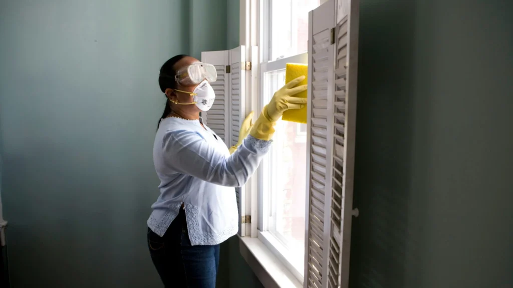 woman doing glass facade maintenance